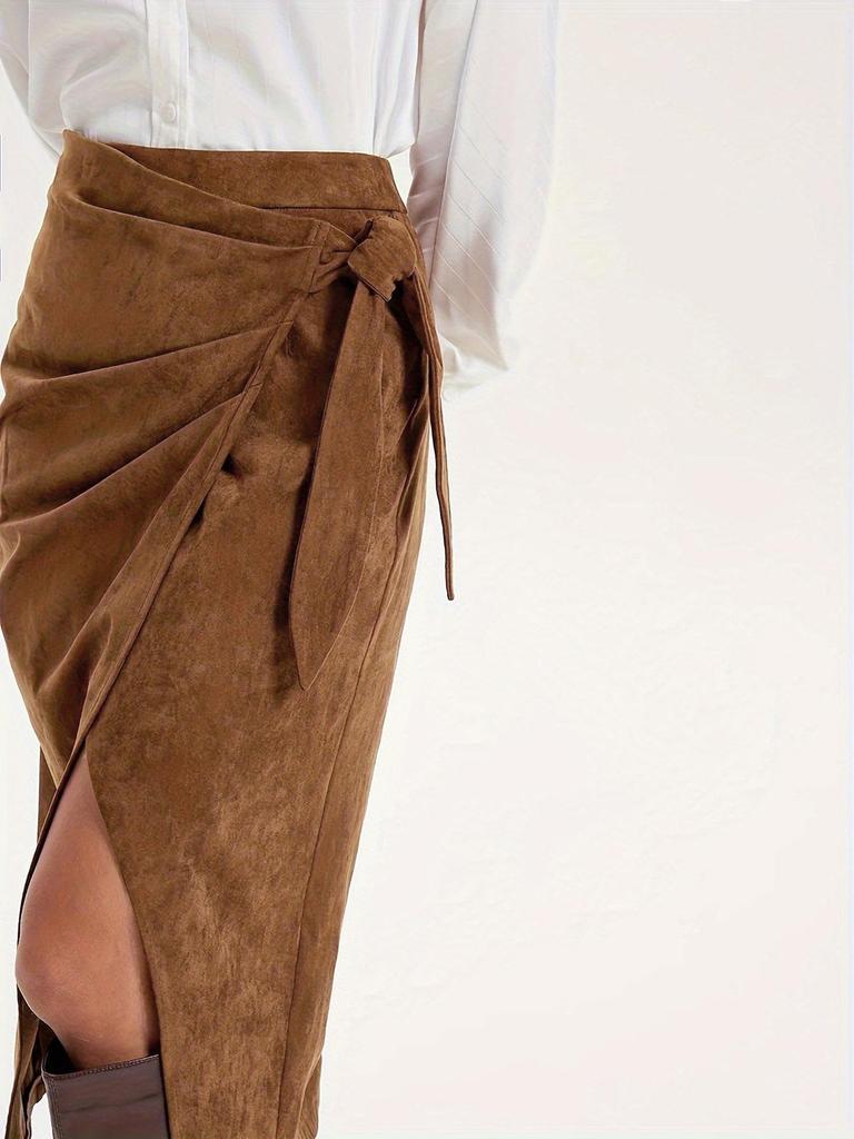 Elegant Women's Suede Skirt with Lace-up Knot - Solid Color, Spring/Autumn Collection