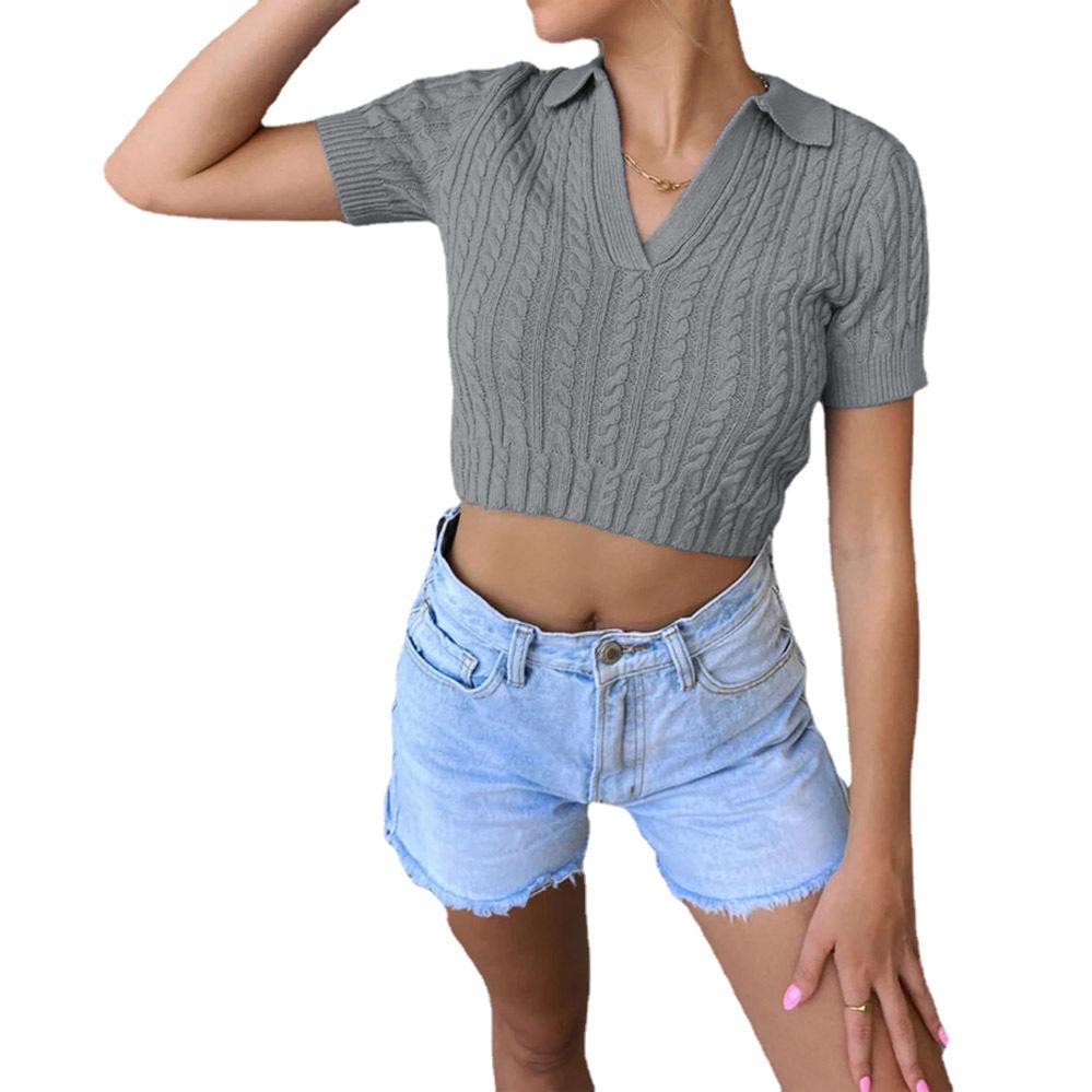 T-shirt tinta unita a maniche corte slim lavorata a maglia moda donna estiva