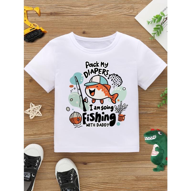 European Sizes WML Boys' Cartoon Fish Fishing Print Pattern Cute Casual T-shirt
