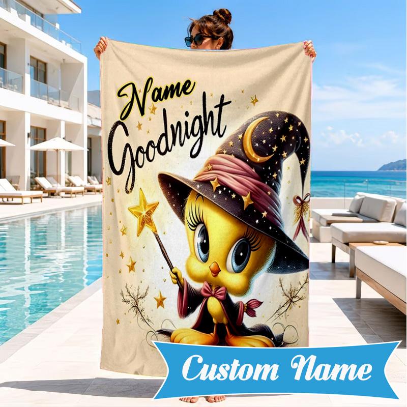 Custom Name Good Night Yellow Bird Heart In Space Adventure Microfiber Beach Towel, Lightweight for Summer Travel, Swimming Pool Fan Gift