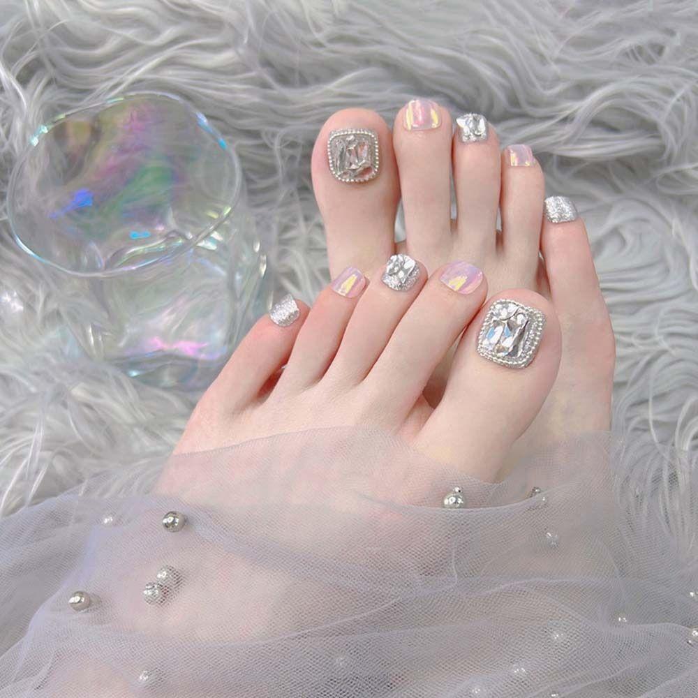 Toenails Full Cover False Nails Rhinestone Fake Toenails Short Nails Patch  False Toenails