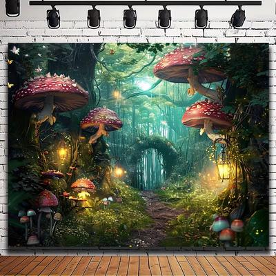 2D Fairy Tale Mushroom Forest Tapestry Magical Green Woodland with Glowing Lights Wall Art for Home Decor