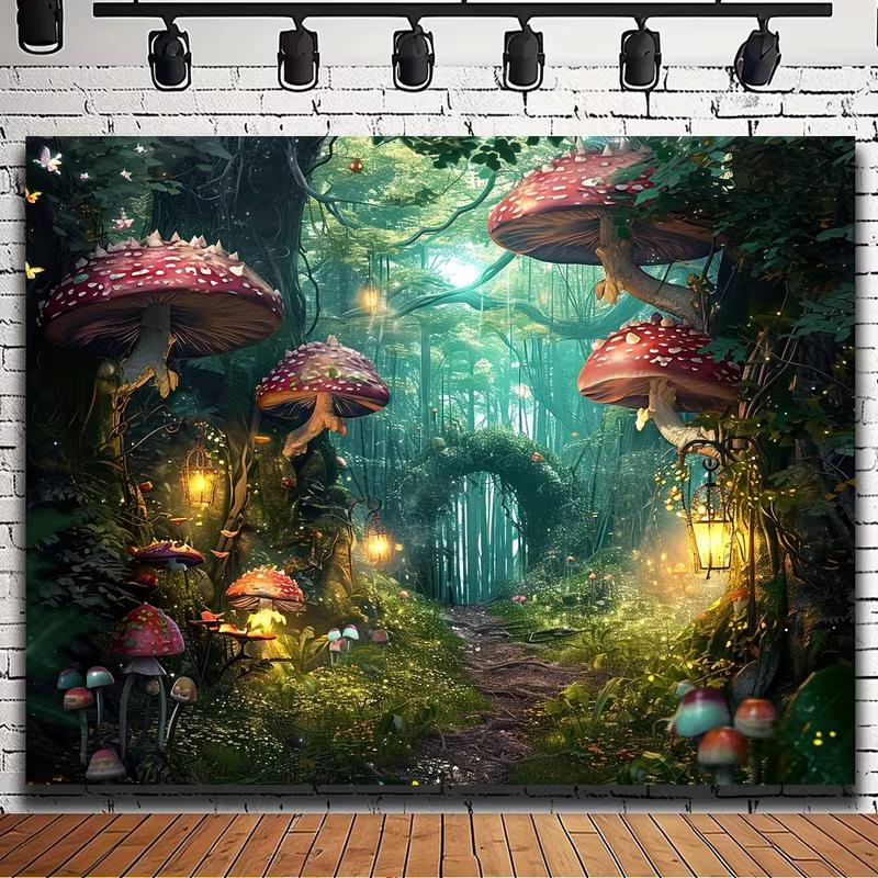 

2D Fairy Tale Mushroom Forest Tapestry Magical Green Woodland with Glowing Lights Wall Art for Home Decor 47.2x31.5inch/120*80cm