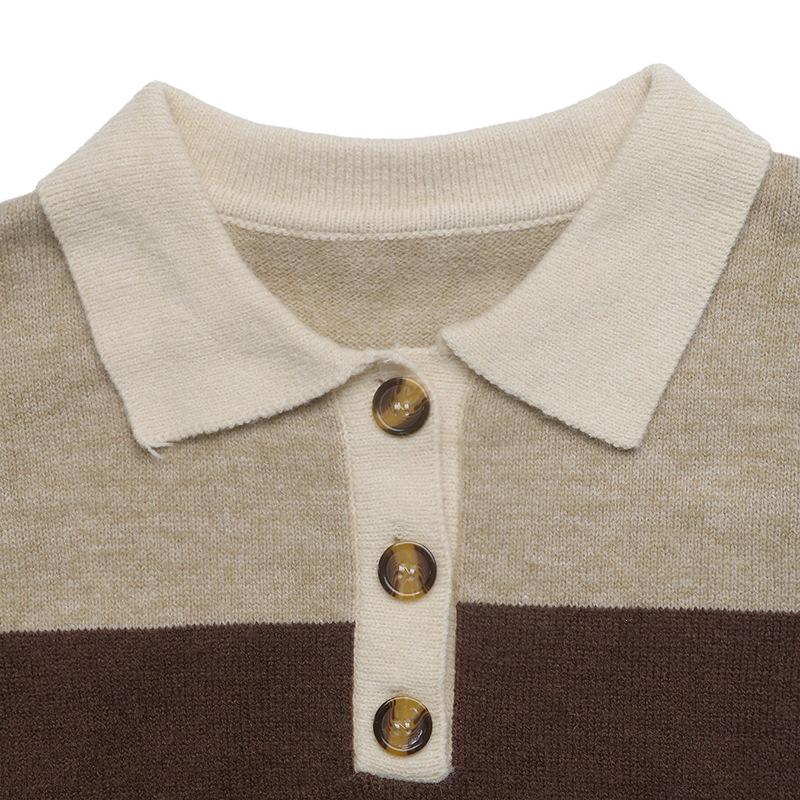 2026 Retro Color Block Stripe Polo Collar Sweater - Women's Long Sleeve Knitwear for Autumn/Winter Casual Wear