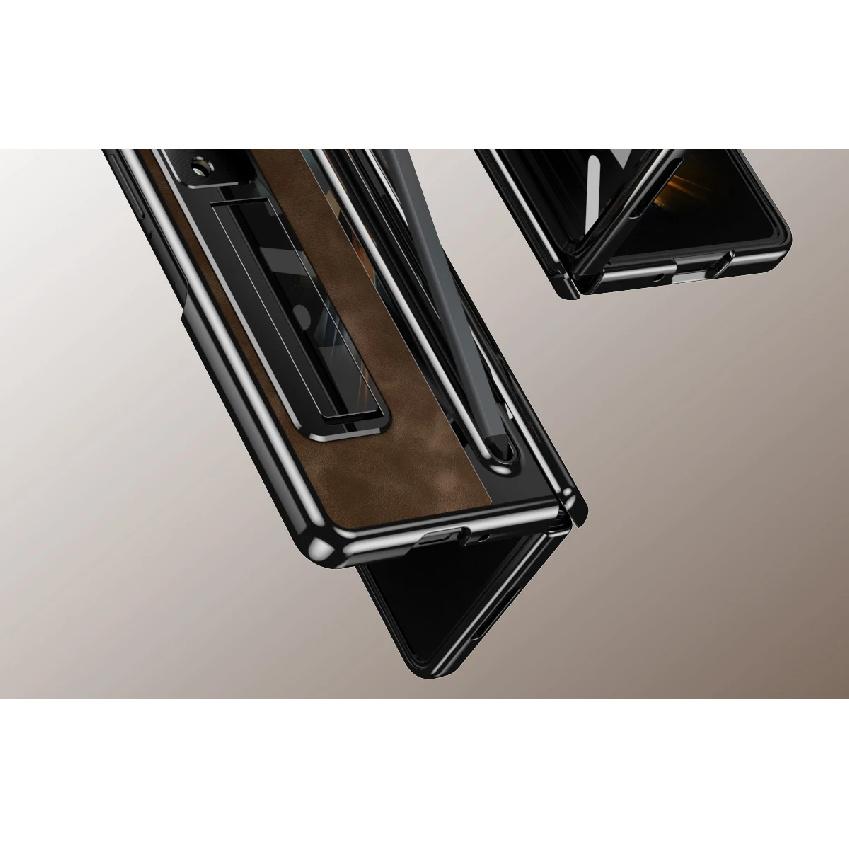 Leather Bracket Pen Slot With Stylus Case For Samsung Galaxy Z Fold7 6 5 4 Glass Screen Hinge Protection Cover For Z Fold 6 Slim