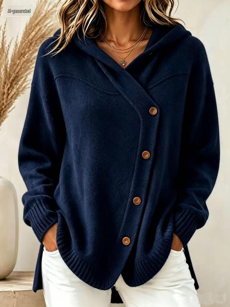 2026 Autumn/Winter Women's Loose Knit Hooded Cardigan with Buttons