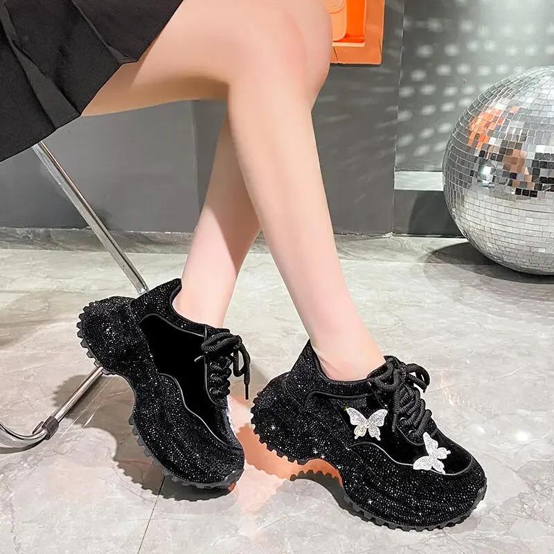 Luxury Rhinestone Butterfly Platform Sneakers Women Winter Sequin Fabric Thick Bottom Sports Shoes Designer Female Sneakers