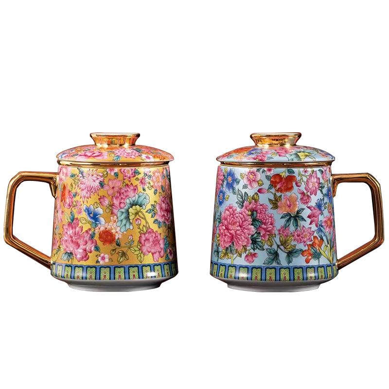 Gilt Cloisonné Enamel Women's Ceramic Mug with Tea Infuser and Square Canister