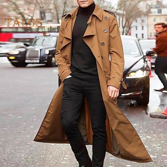 Men Trench Coat Lapel Long Sleeve Solid Color Windbreaker Double Breasted Long Style Outdoor Business Outwear