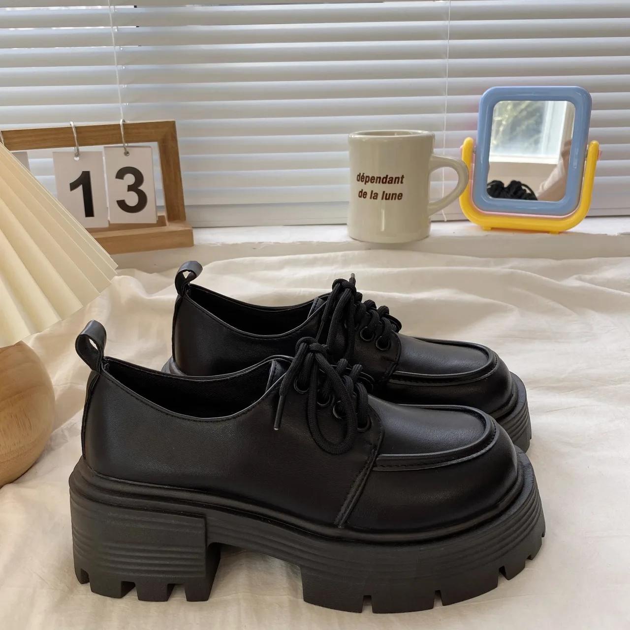 

Thick soled 2026 spring small leather shoes new height increasing black single shoes student sponge cake women s shoes 35