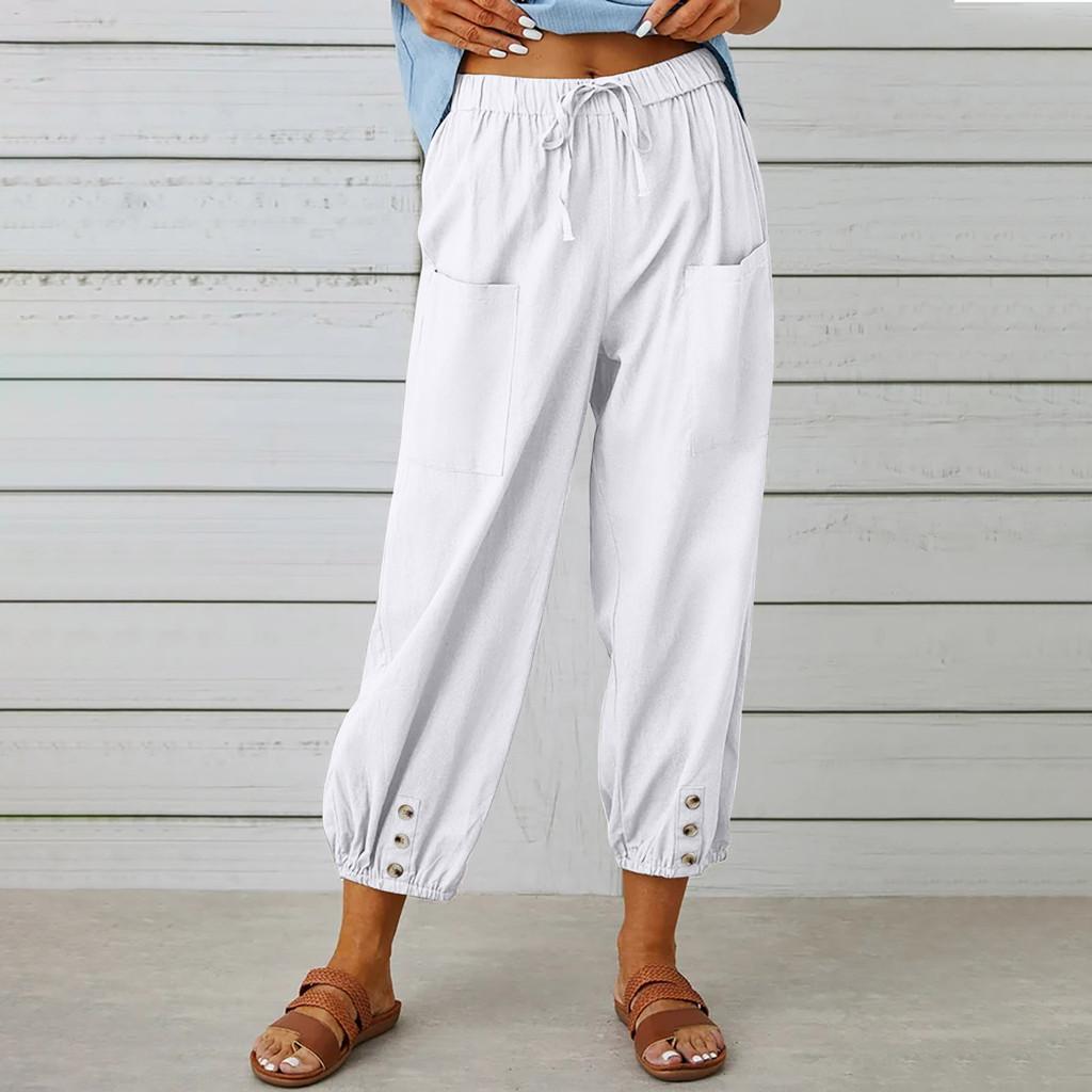 Polyester Blend Casual Pants For Women With Button Detail And Elastic Waist