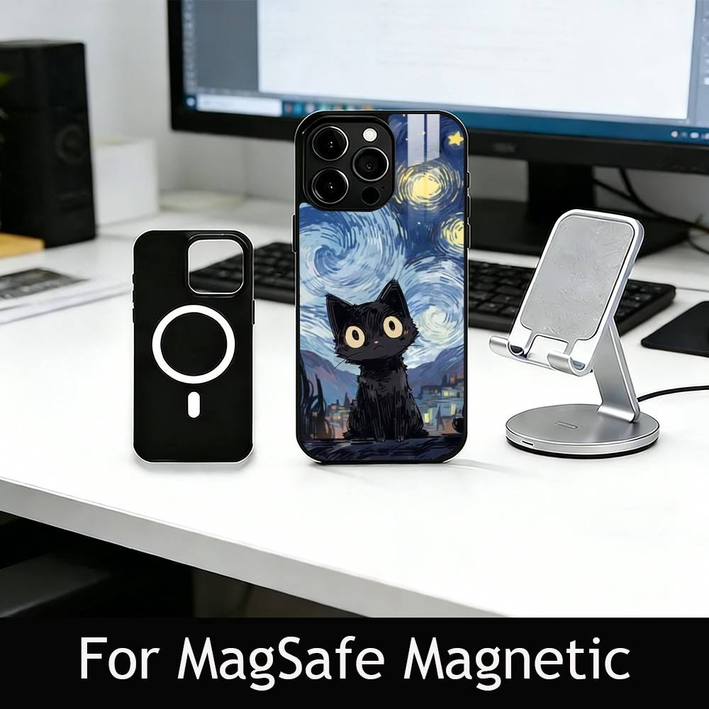 Cute Black Cat Illustration Phone Case For iPhone17,16,15,14,13,12,11 Plus,Pro Magnetic For Magsafe Wireless Charging