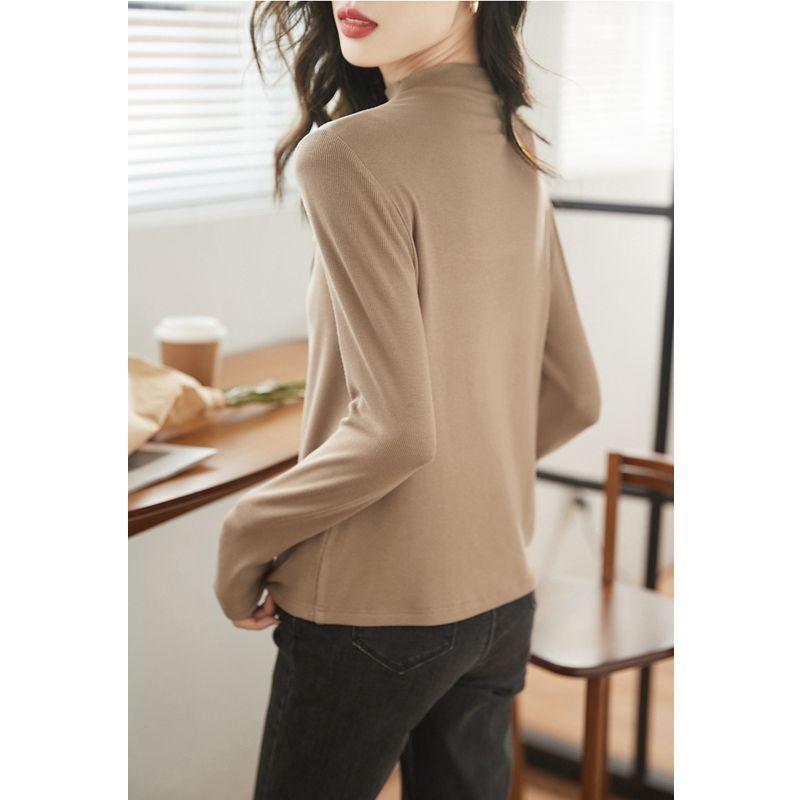 Mode Lässig Skinny Einfarbig Patchwork Halboher Kragen Knopf Gerade T-Shirts Unterzieh-Temperament Damenbekleidung