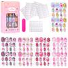 120Pcs Kids French Tip Press On Nails Short Round Pink Black Heart Flower Design Reusable False Nail Tips