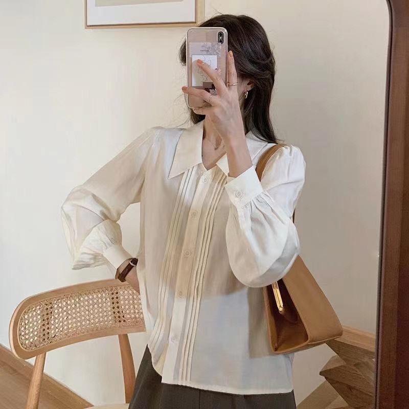 Doll Collar White Shirt, New Layering Inside Out, Organ Pleat Blouse Design Chic Long Sleeve Ladies Shirt