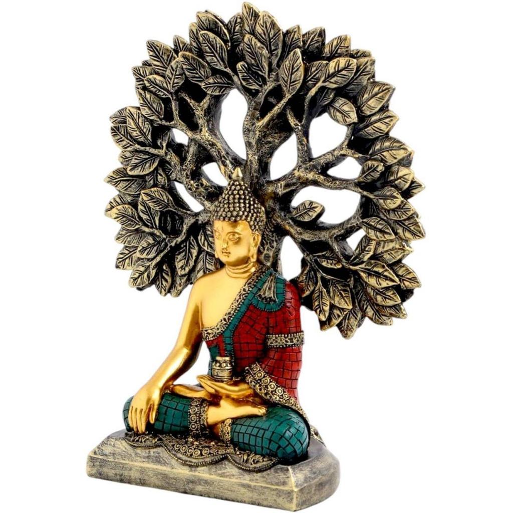 Tree Buddha Statue Showpiece Idol Home Decor Items for Living Room and Gifts Decorative Showpiece - 24 Cm  (Resin, Gold, Blue, Red)