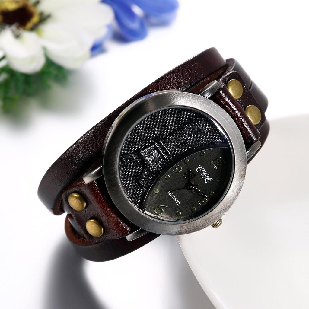 JewelryWe Antique Eiffel Tower Design Leather Analog Quartz European Punk Brown Watch, 4-Way Display, Band, Display, Movement, Style, Unisex,