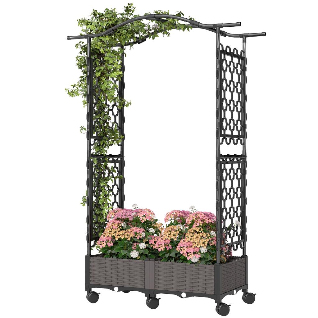 Raised Garden Bed with Arch Trellis, Raised Bed for Garden on Wheels with Side Trellis, Self Watering Planter Box