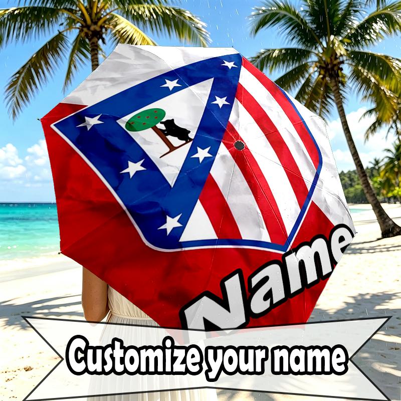 Custom Name Personalized Atletico Madrid Print Umbrella, Auto Open Close, 8‑Rib Sturdy Frame, Commute Camping Hiking Use, Birthday Gift