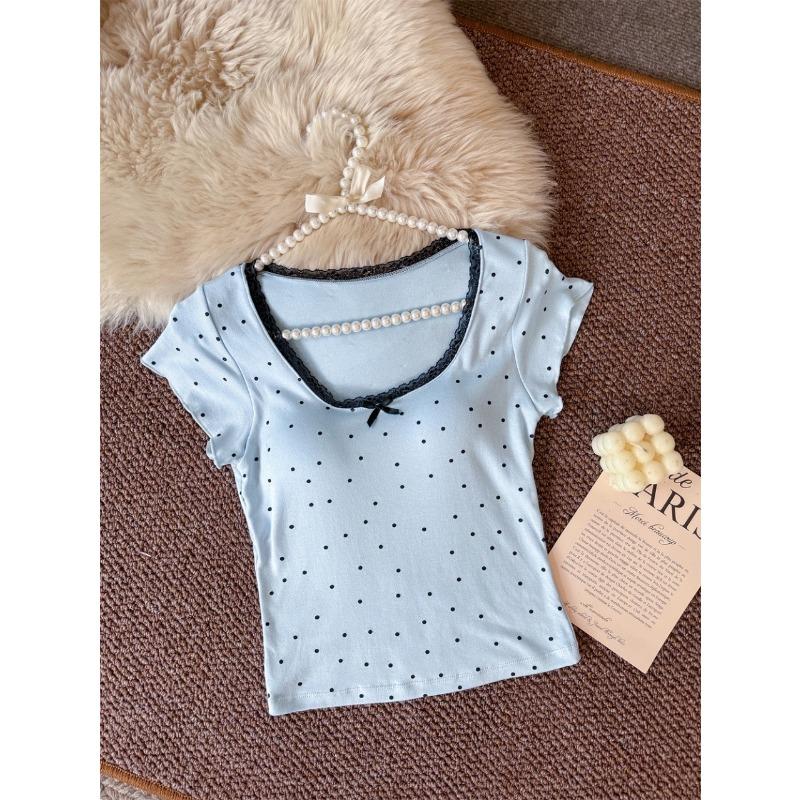 Women's Summer Polka Dot Lace Trim Bow Front Short Sleeve Crop Top