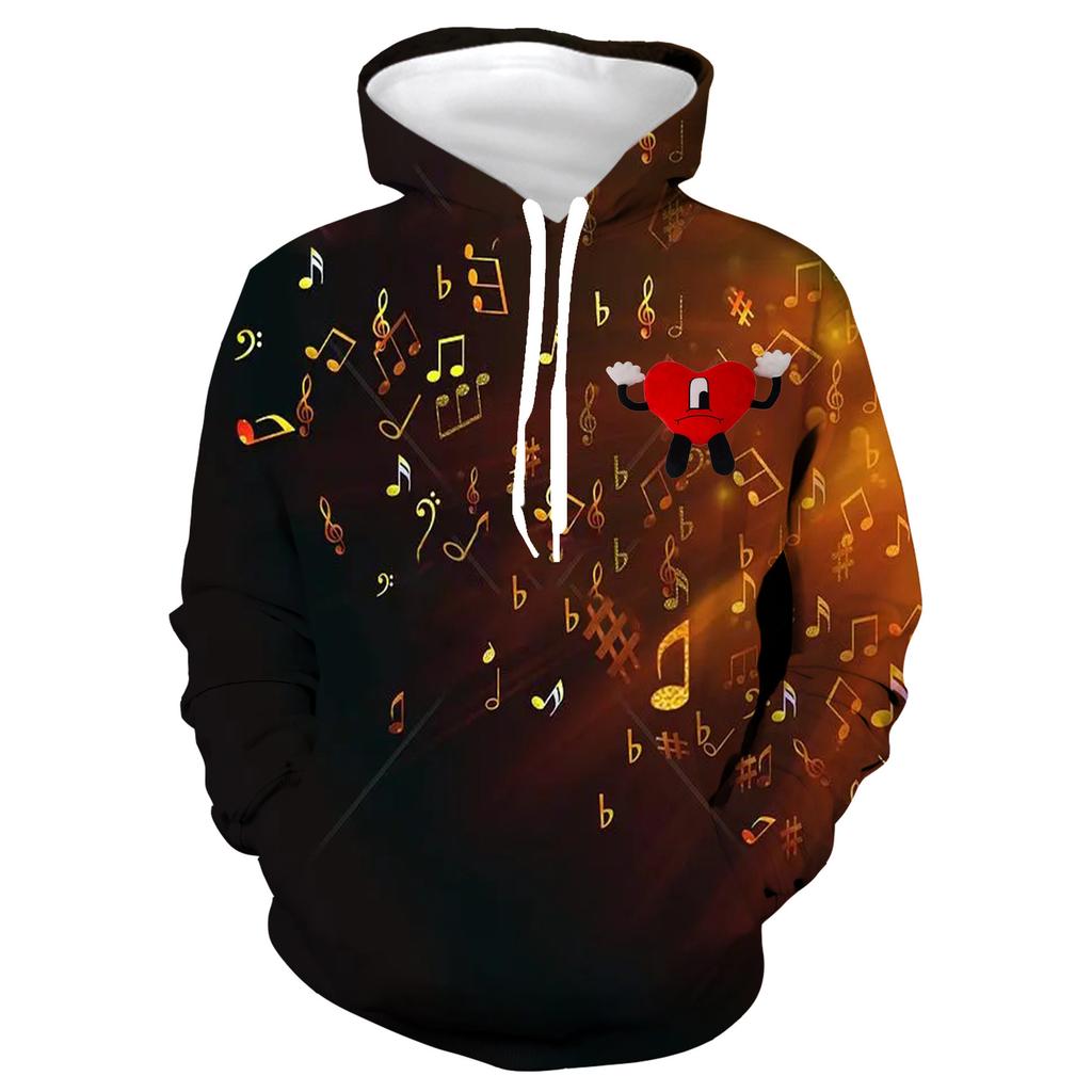 Black Golden Music Note Sad Red Heart Pullover Hoodie Unisex Bad Bunny Sweatshirt