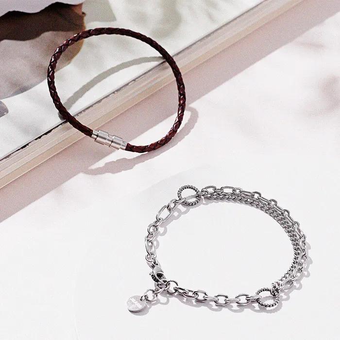 Classic Slim Leather 481BK Two-Circle Chain 1141 Bracelet Set (C2503-SE463_BK)