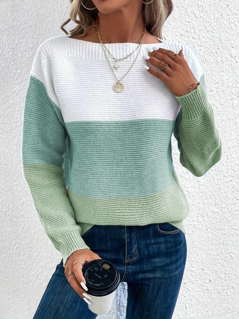 Autumn and winter crew neck splicing versatile striped sweater women's lazy style top loose large size pullover knitted sweater