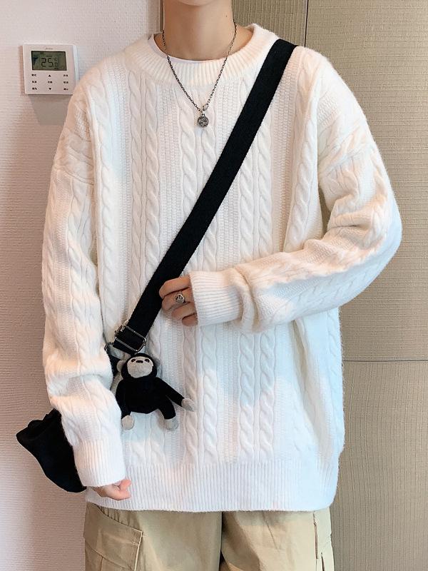Men's Loose Fit Cable Knit Crew Neck Sweater - Retro Hong Kong Style Autumn/Winter Knitwear