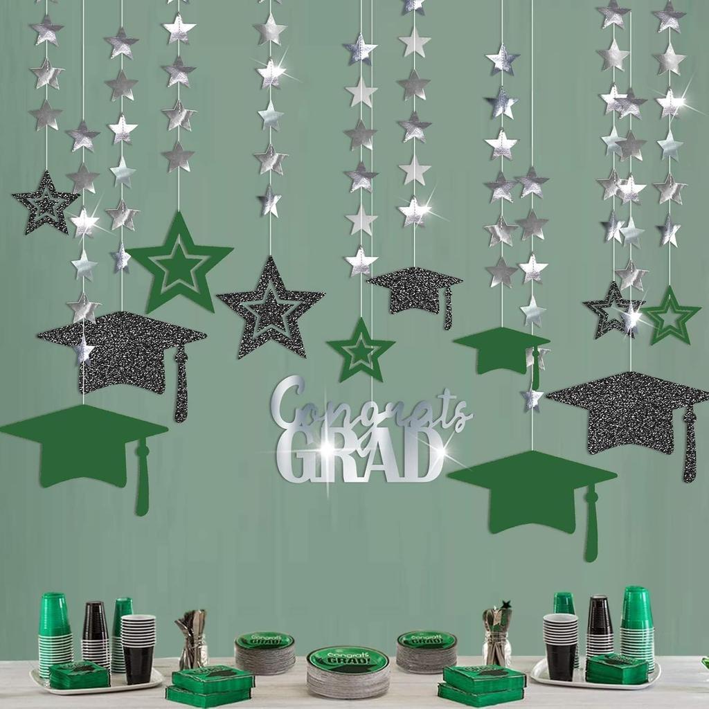 Cheerland 2025 Graduation Banner Party Decorations Green Graduation Cap Garland Kit Congrats Grad Supply for Prom Backdrop Decoration Ceiling Decor