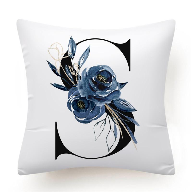 Floral Alphabet Cushion Cover 45x45 Blue Flowers Pillowcase Decorative Sofa Cushions Throw Pillows  Home Decor Pillow Cases