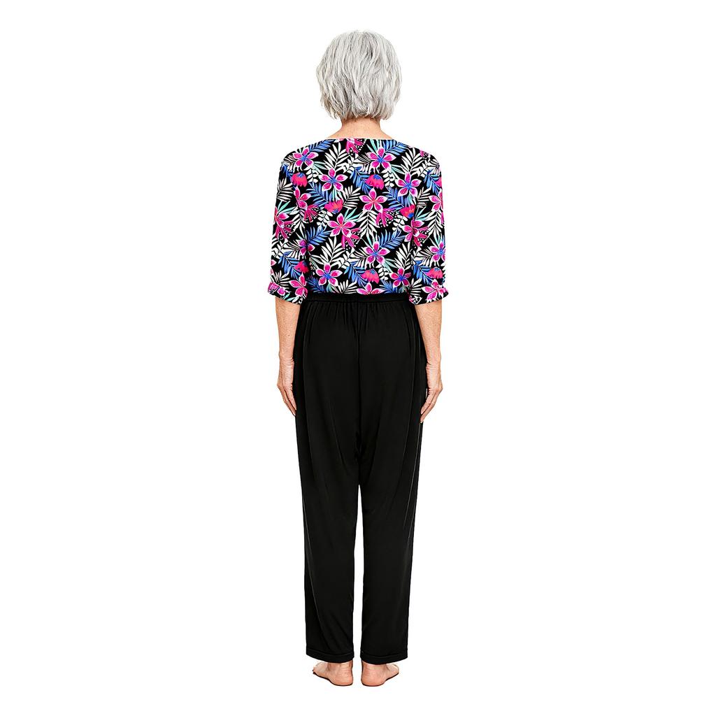S-XXL Women Alzheimer Elderly Anti-Strip Adaptive Printed Jumpsuit V Neck 3/4 Sleeve Wide Leg Back Zipper Nursing Rompers for Special Needs