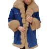 Winter Women Denim Jacket Faux Fur Trim Long Sleeves Color Matching Pockets Cold-proof