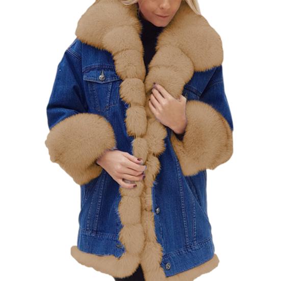 Winter Women Denim Jacket Faux Fur Trim Long Sleeves Color Matching Pockets Cold-proof
