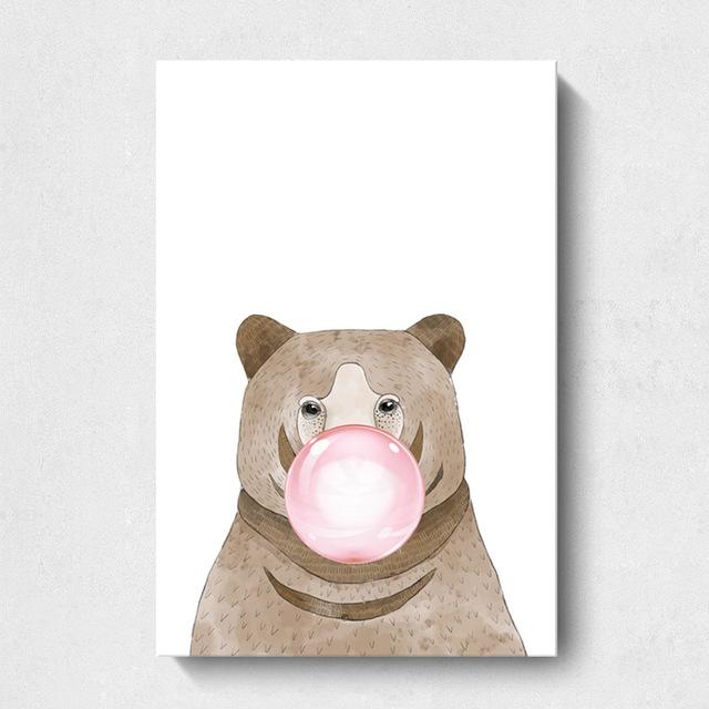 Decorative Painting Animal Bear Deer Blowing Balloon Nordic Animal Blowing Bubble Hanging Painting Wall Picture for Living Room