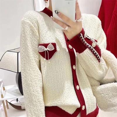 Mode Bogen Pullover Frauen Herbst Winter Kleid Design Sinn Einreihig Gestrickte Pullover Strickjacke Roten Mantel Tops Weibliche