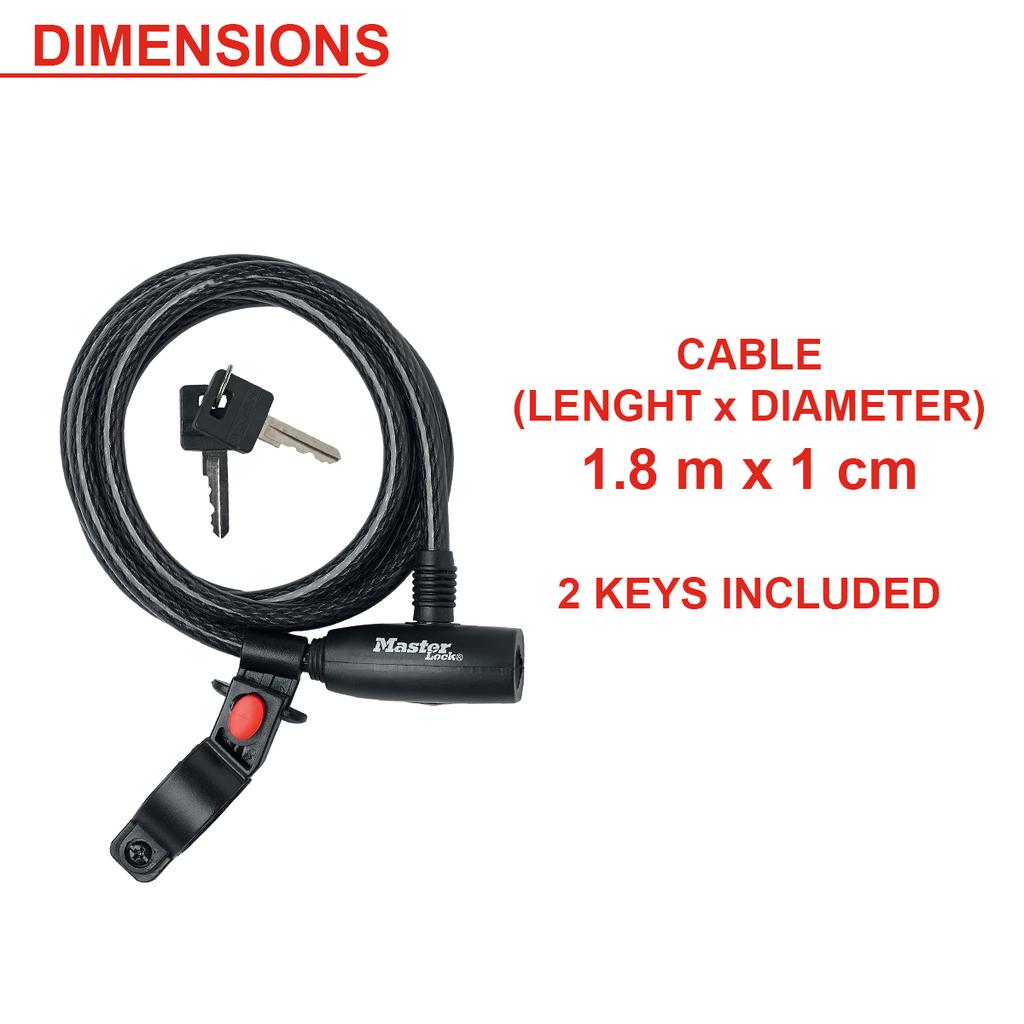 Master Lock Bike Lock Cable, 2 Keys, 180 cm x 10 mm, Mounting Bracket