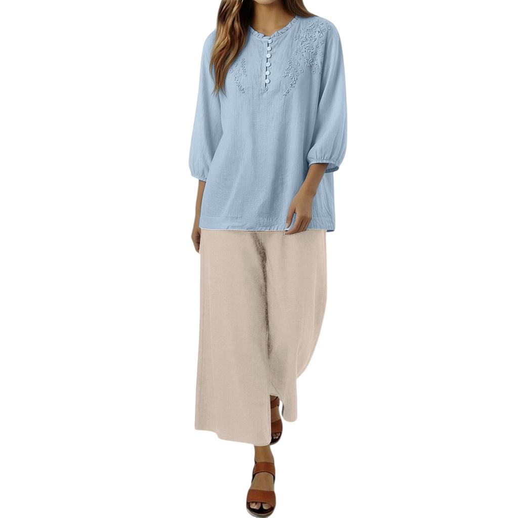 Women Embroidered Lace Loose Fit Three Quarter Sleeve Top and Wide Leg Pants Two Piece Set Casual Outfit Suit