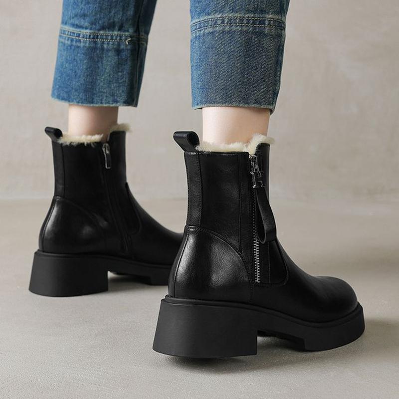 Fashion NEW Winter Women Boots Round Toe Chunky Heel Shoes Split Leather Shoes for Women Concise Warm Wool Boots Daily Shoes Zip Boots