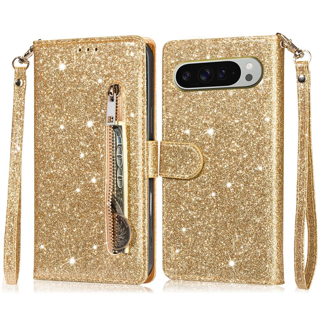 For Google Pixel 9 Pro XL Stand Case Glitter Phone Leather Cover Zipper Pocket