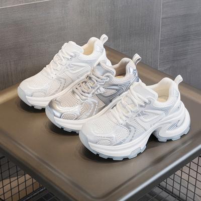 Women's Spring Summer New Silver Thick-soled Heightening Mesh Breathable Casual Versatile Sports Shoes Women's Tide