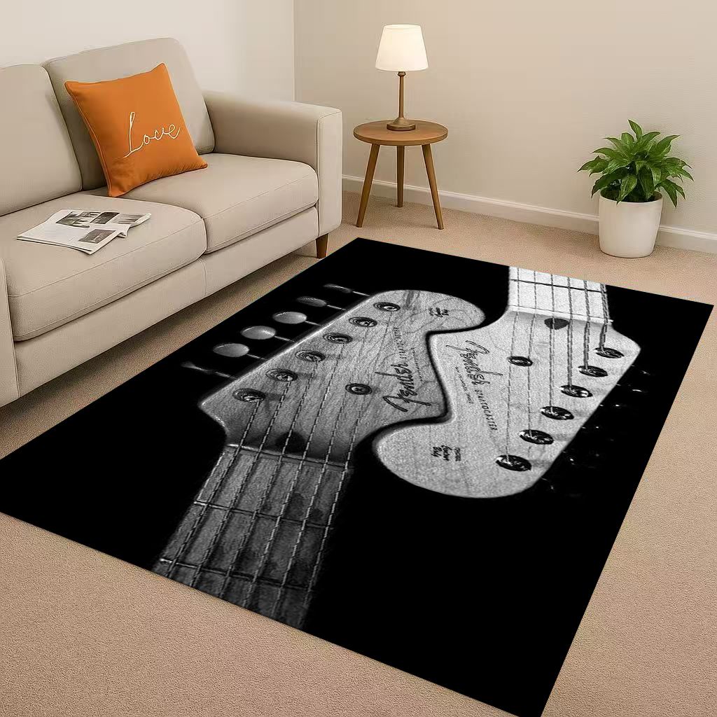 3D F Fender Guitar Musical Instrument Sign Living Room Non Slip Area Rug Carpet for Bedroom Sofa,Easy Clean Home Decor Doormat