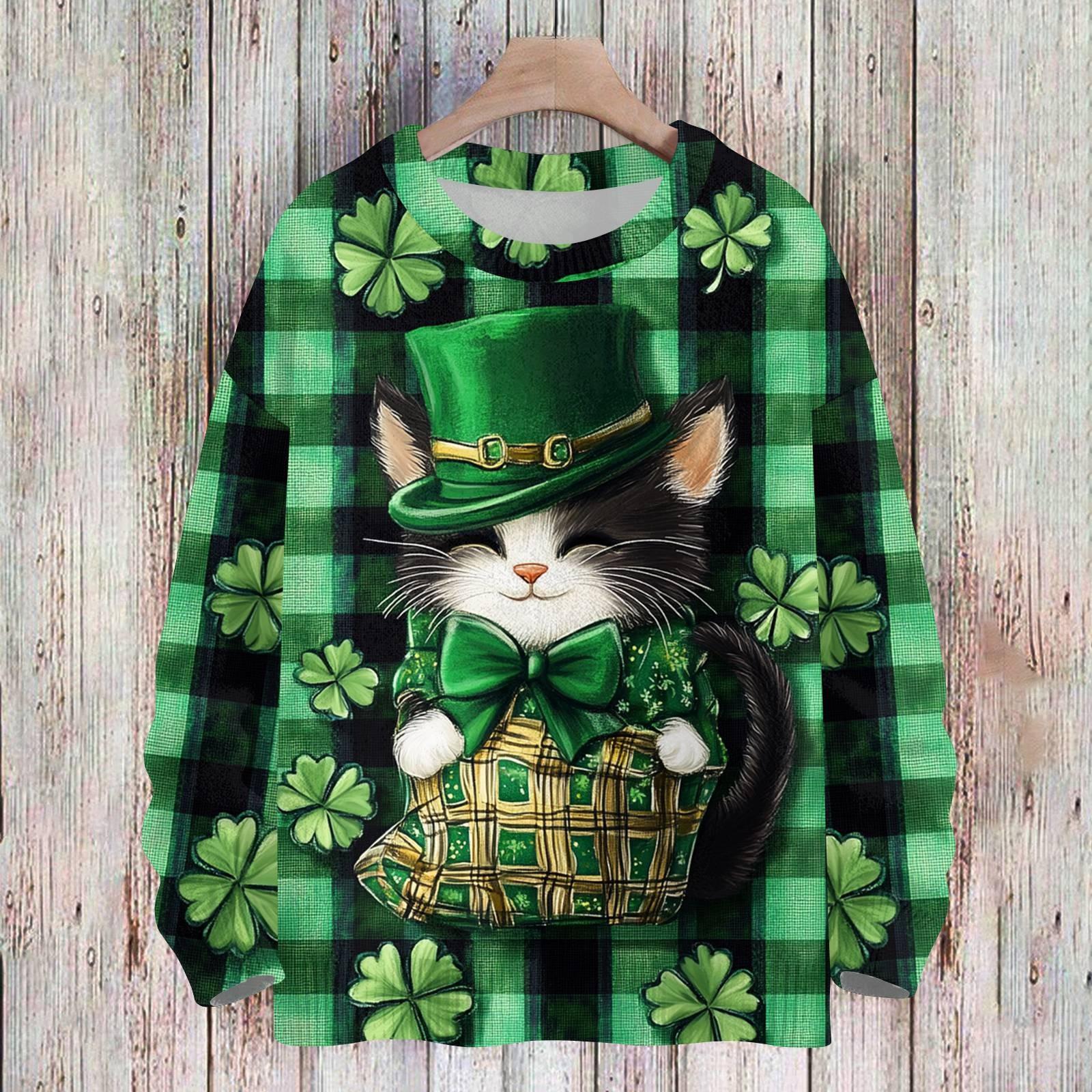 улица Свитшоты ко Дню Святого Патрика для женщин Вязаный свитер Милая рубашка Осенний круглый вырез Пуловер с меховым воротником Топы L армия зеленый 1814₽