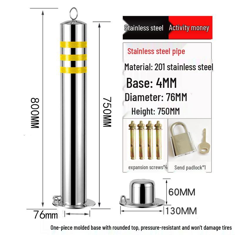 Stainless Steel Reflective Bollard: Thickened Anti-Collision Road Post, 304 Steel Parking Space Isolation Post.