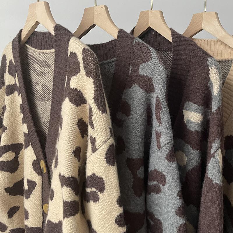 Autumn and Winter Animal Print Knitted Cardigan Women's Soft Thickened Leopard Print Knit Sweater Top