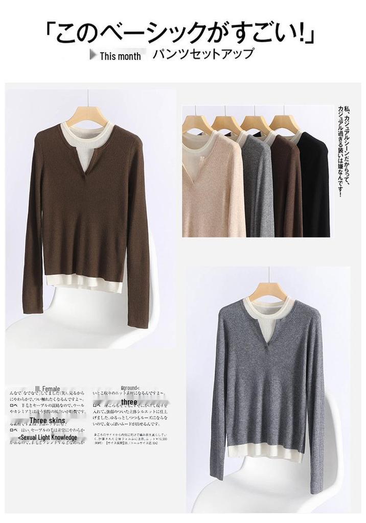 Women's 60s Fine Wool Color Block Sweater, Slim Fit, Elastic Round Neck, Fake Two-Piece Knitwear for Spring & Autumn
