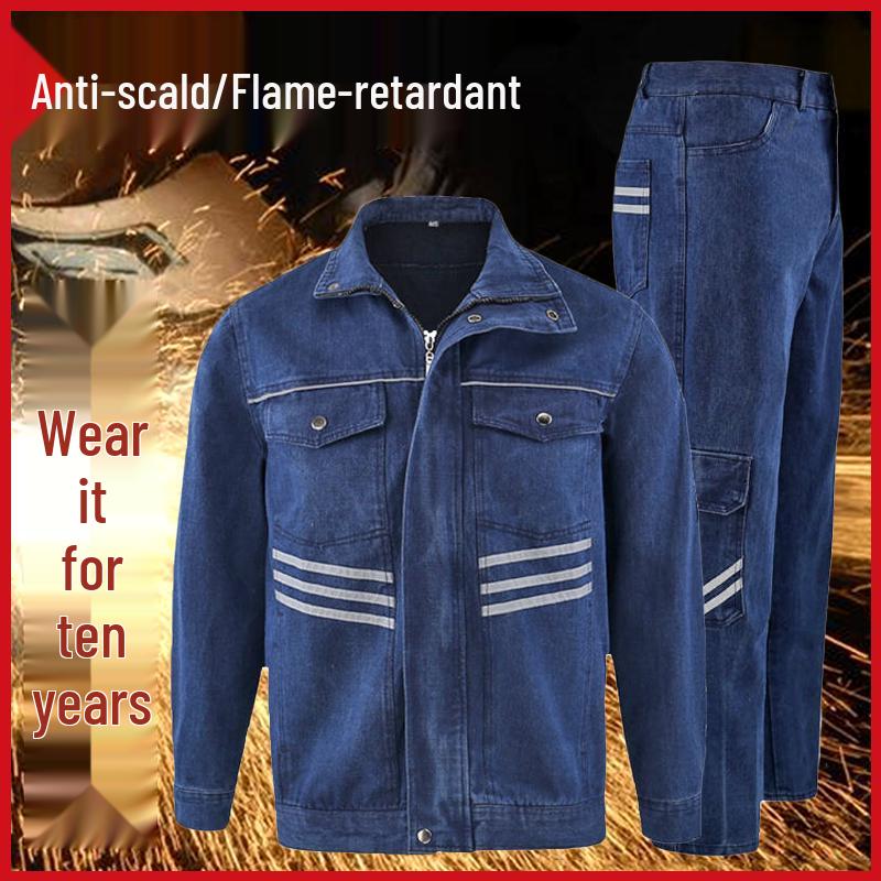 Men's Flame Retardant Denim Workwear Set for Spring and Autumn – Anti-Scald Protection for Electric Welders