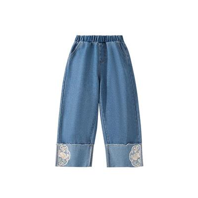 Classic Teddy Girls' New Chinese Style Wide-Leg Denim Pants