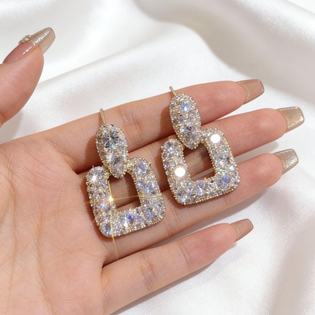 Geometric Square Drop Earrings with Cubic Zirconia Stones Dangle Earrings for Women Elegant Minimalist Jewelry Accessories