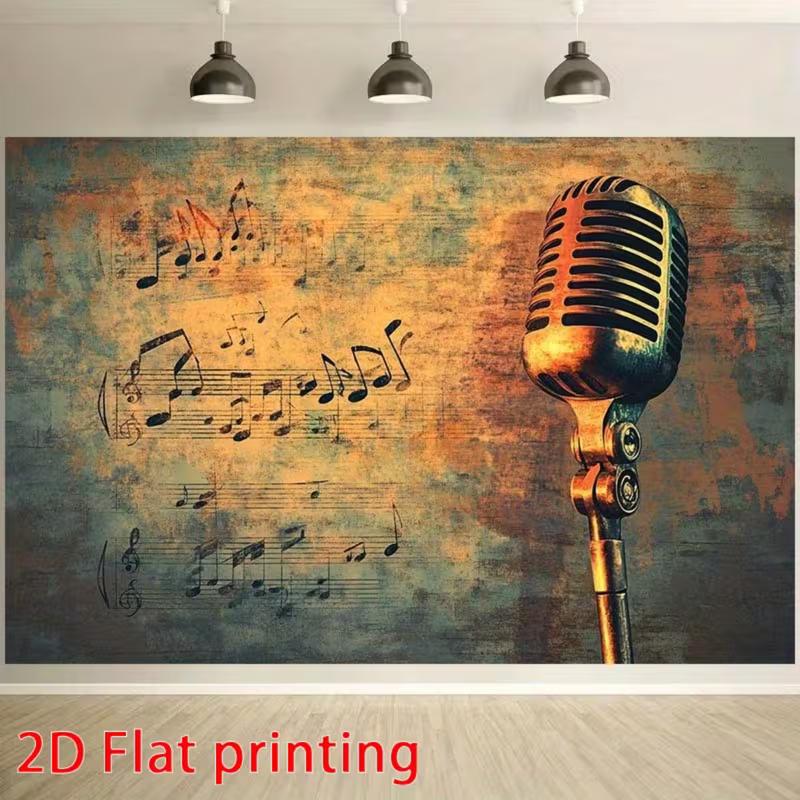 2D Vintage Microphone and Music Notes Backdrop Party Photo Background Cloth