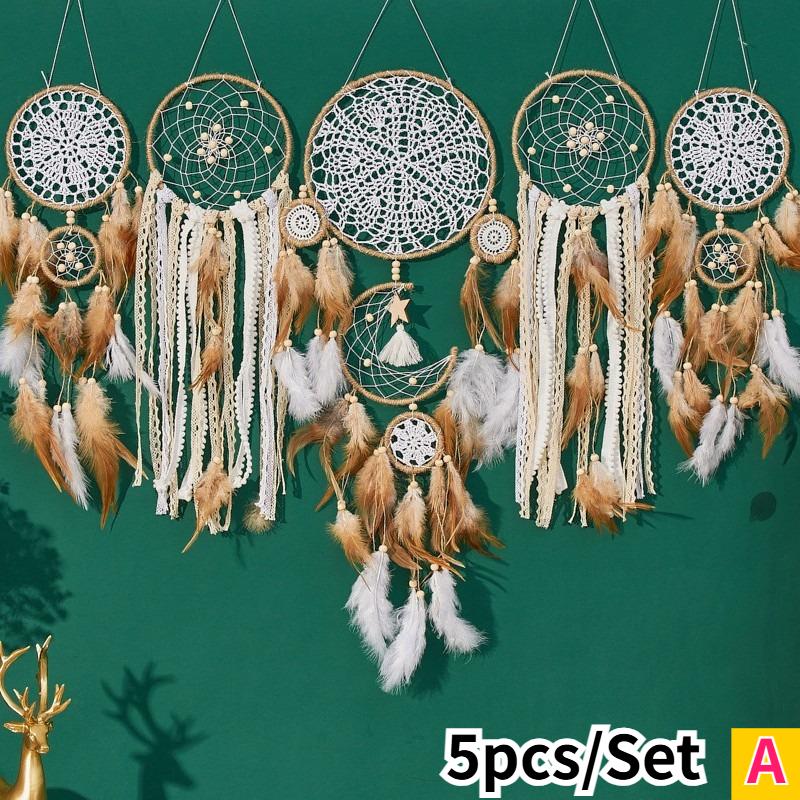 5pcs Boho Handmade Dreamcatcher Set Vintage Home Wall Artificial Imitation Feather Decorative Wall Hanging Bedroom Decorations